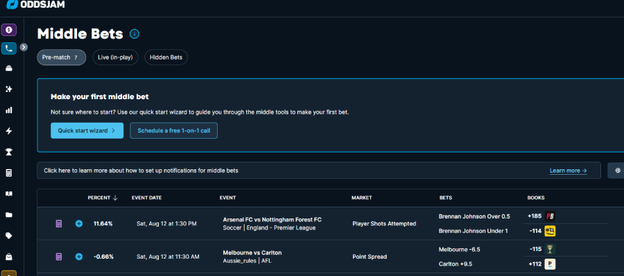 oddsjam middle bets new design screenshot