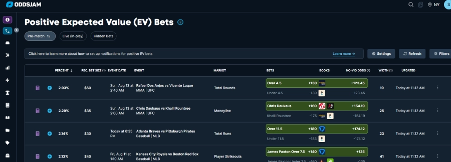 oddsjam positive ev software with betting opportunities screenshot