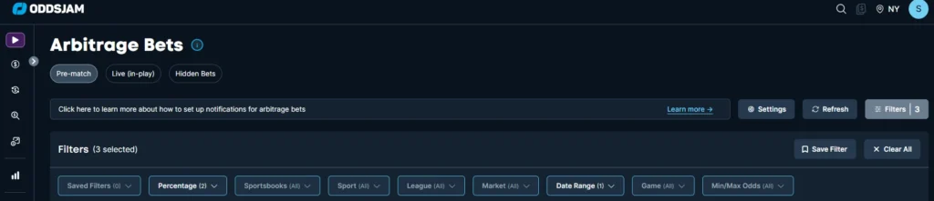 Oddsjam filters screenshot