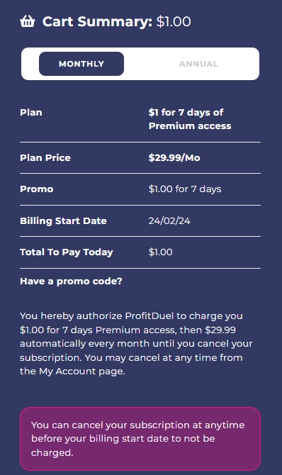 profitduel monthly cost